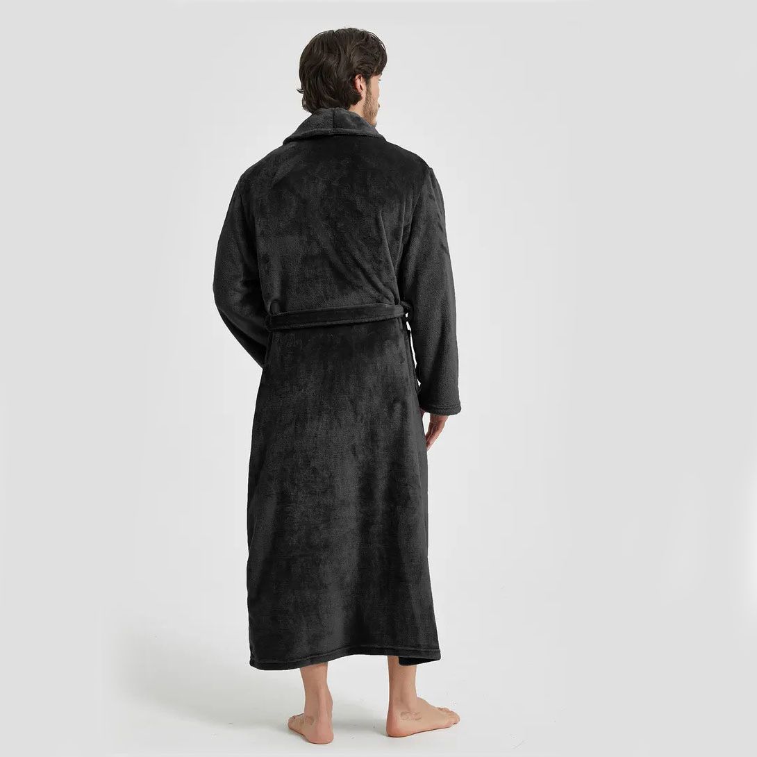 Men's Flannel Bathrobe Black XL Size - Soft Coral Fleece Hooded Kimono Collar view 3