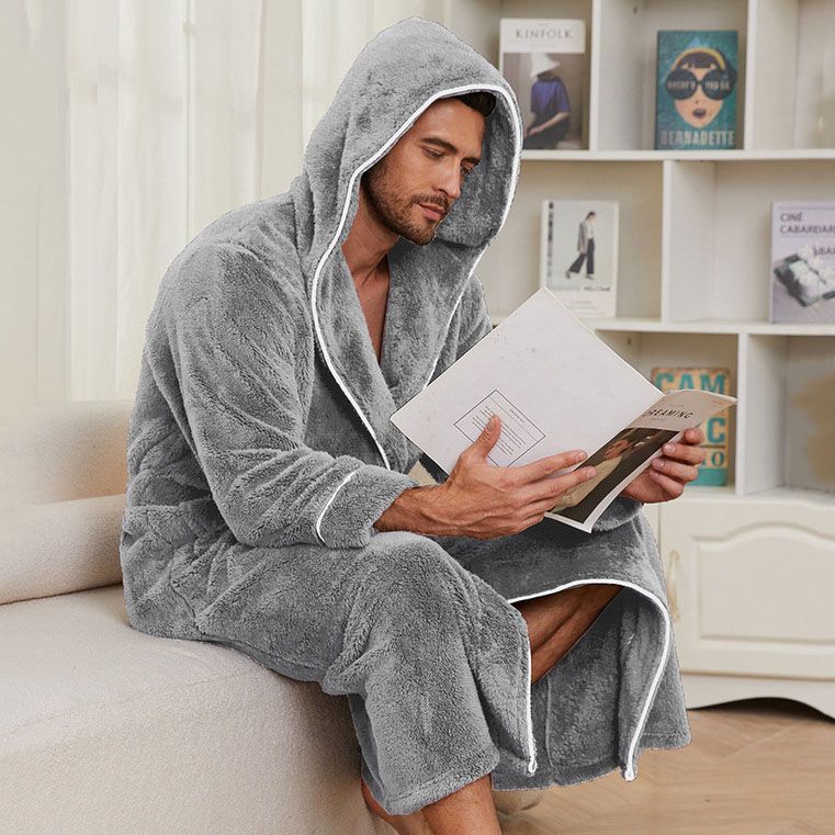 Men's Plush Fleece Hooded Bathrobe Grey M Size Shawl Collar Dressing Gown view 3