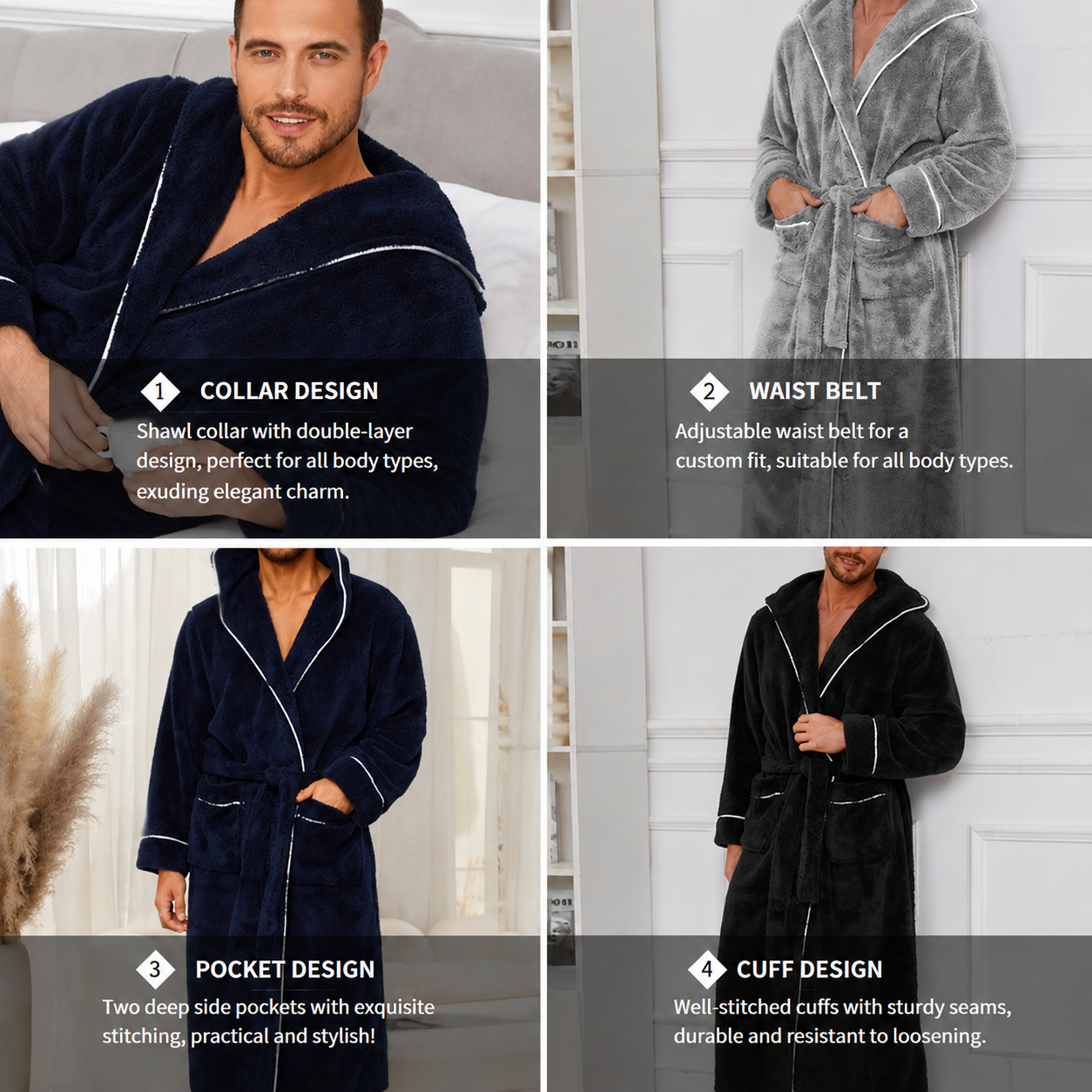 Men's Plush Fleece Hooded Bathrobe Grey M Size Shawl Collar Dressing Gown view 5
