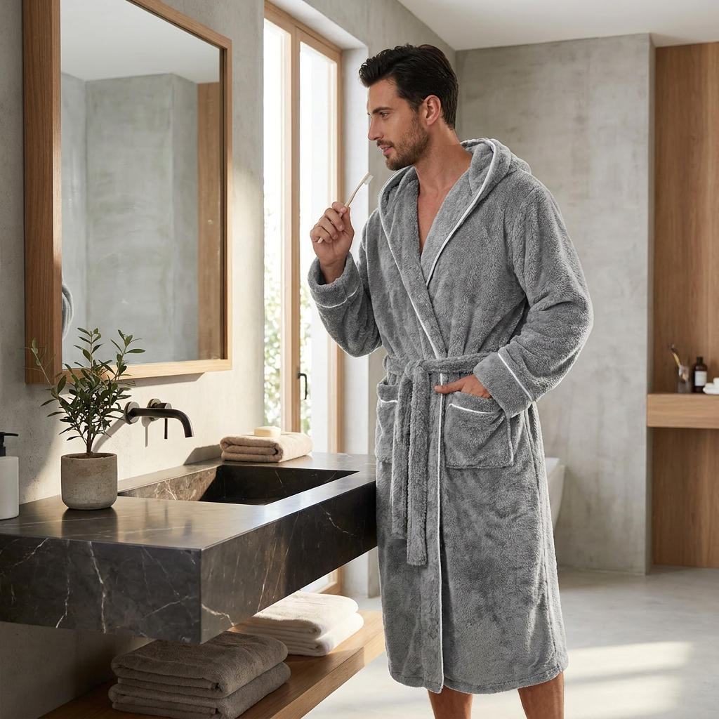 Men's Plush Fleece Hooded Bathrobe Grey XL Size Shawl Collar Dressing Gown view 2