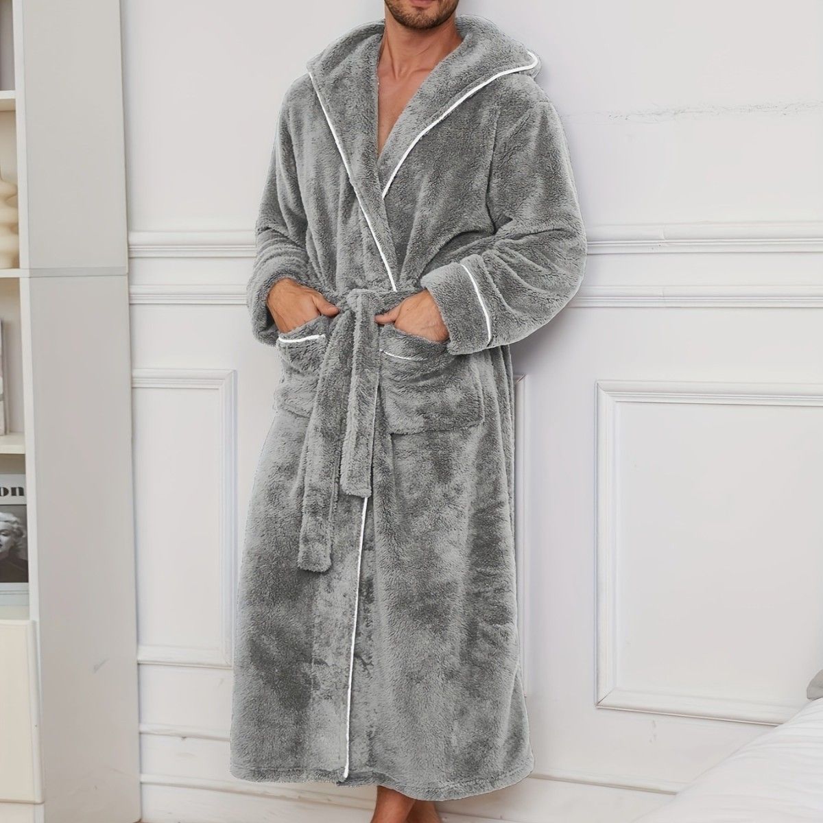 Men's Plush Fleece Hooded Bathrobe Grey XL Size Shawl Collar Dressing Gown view 4