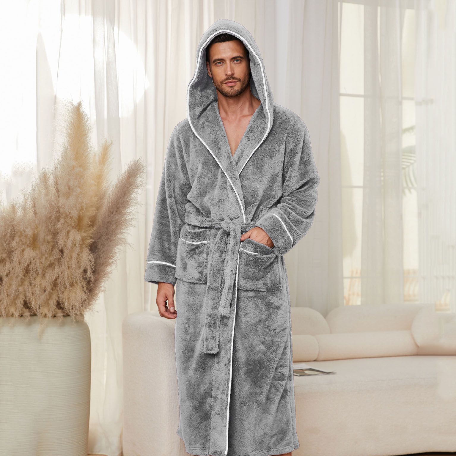 Men's Plush Fleece Hooded Bathrobe Grey XXL Size Shawl Collar Dressing Gown