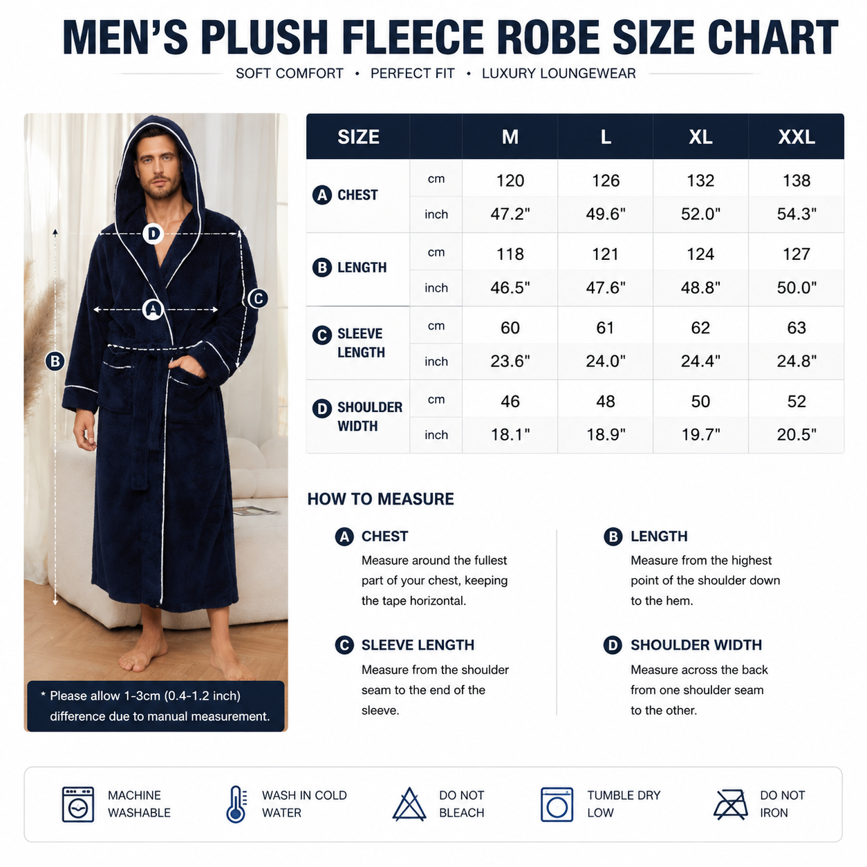 Men's Plush Fleece Hooded Bathrobe Blue M Size Shawl Collar Dressing Gown view 5