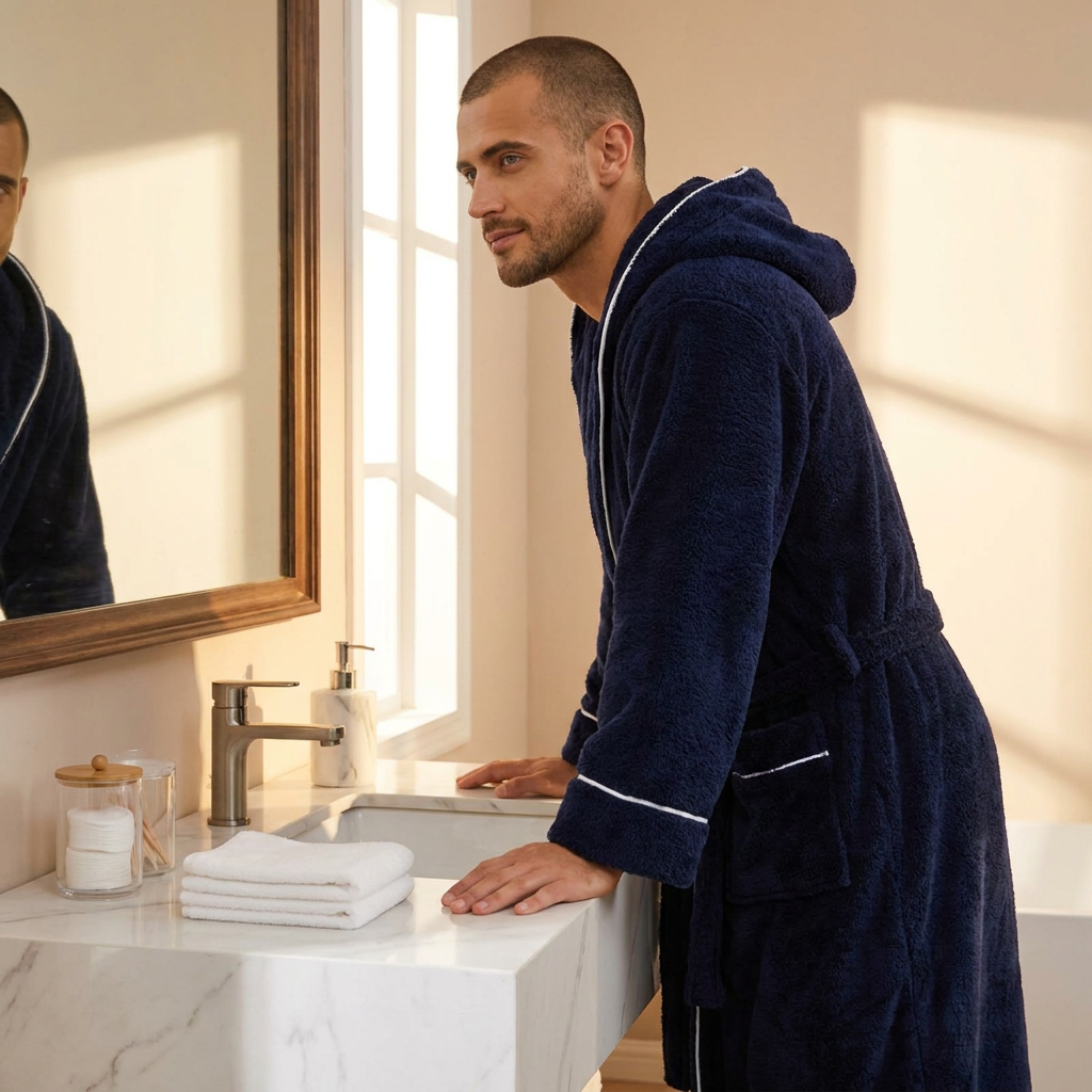 Men's Plush Fleece Hooded Bathrobe Blue L Size Shawl Collar Dressing Gown view 2