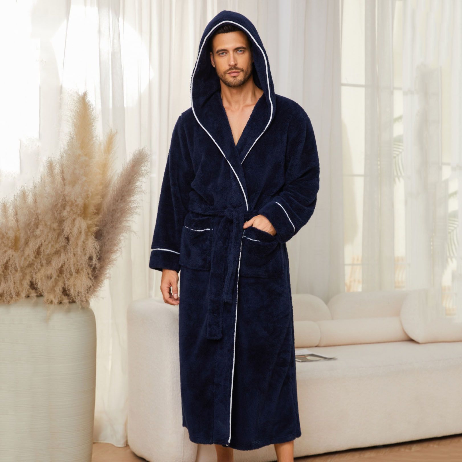 Men's Plush Fleece Hooded Bathrobe Blue XXL Size Shawl Collar Dressing Gown