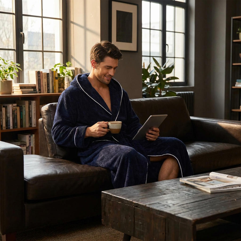 Men's Plush Fleece Hooded Bathrobe Blue XXL Size Shawl Collar Dressing Gown view 3