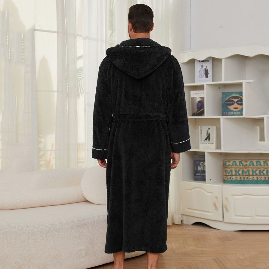 Men's Plush Fleece Hooded Bathrobe Black M Size Shawl Collar Dressing Gown view 4