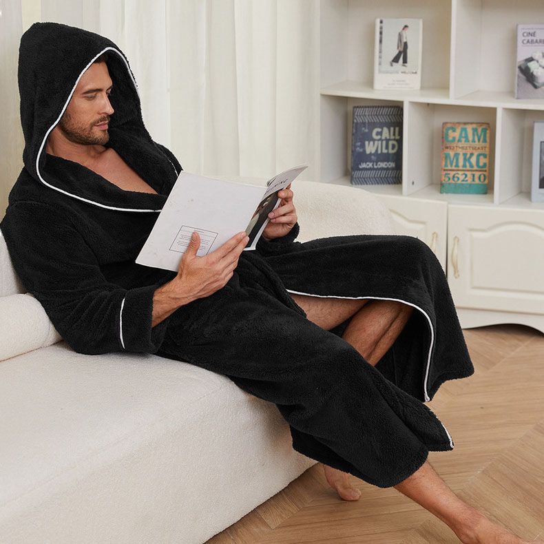 Men's Plush Fleece Hooded Bathrobe Black L Size Shawl Collar Dressing Gown