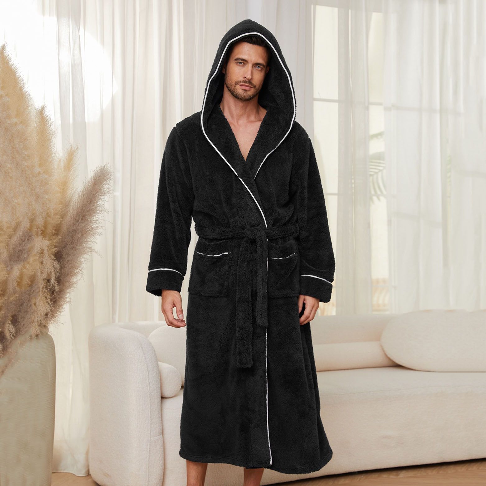 Men's Plush Fleece Hooded Bathrobe Black L Size Shawl Collar Dressing Gown view 2