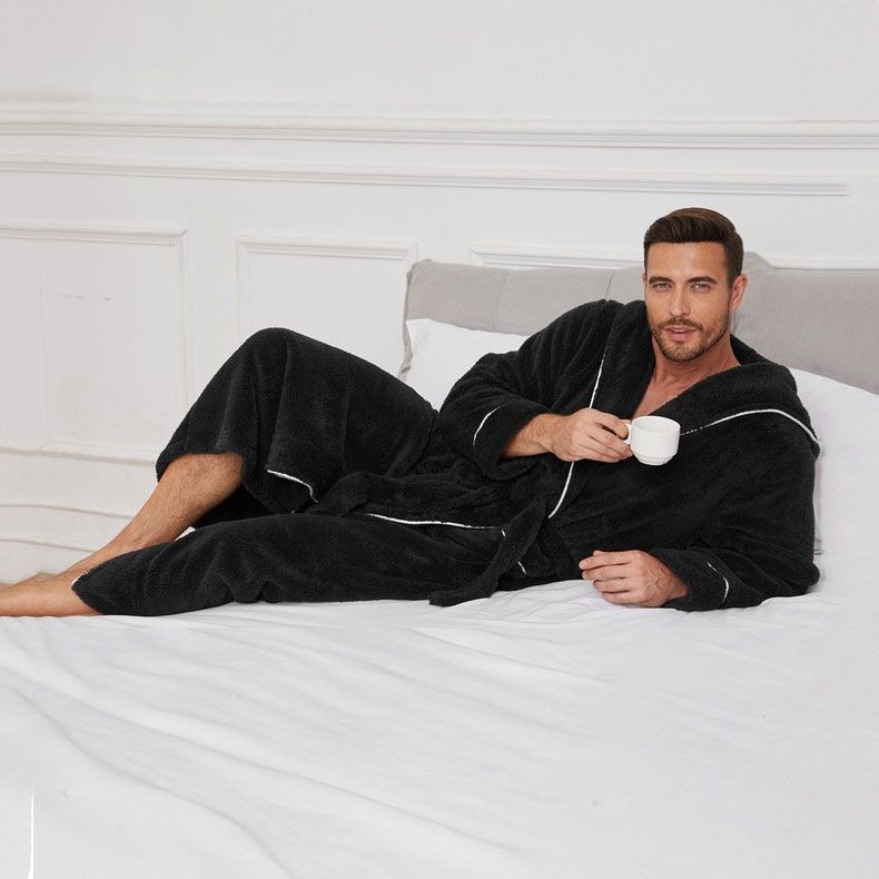 Men's Plush Fleece Hooded Bathrobe Black L Size Shawl Collar Dressing Gown view 3