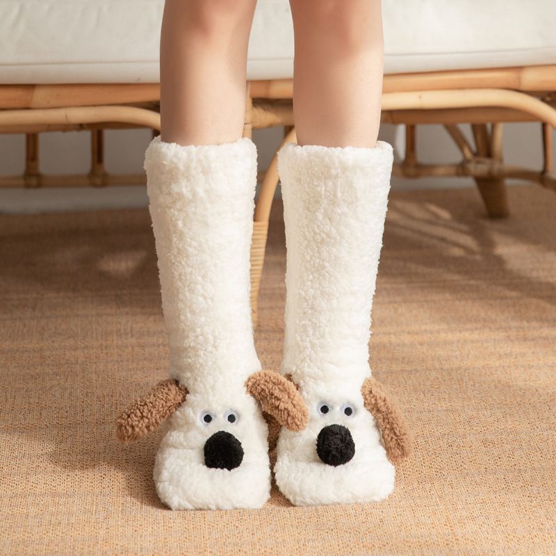 Cute Animal Plush Floor Socks - White Puppy Thickened Coral Fleece Non-Slip view 6