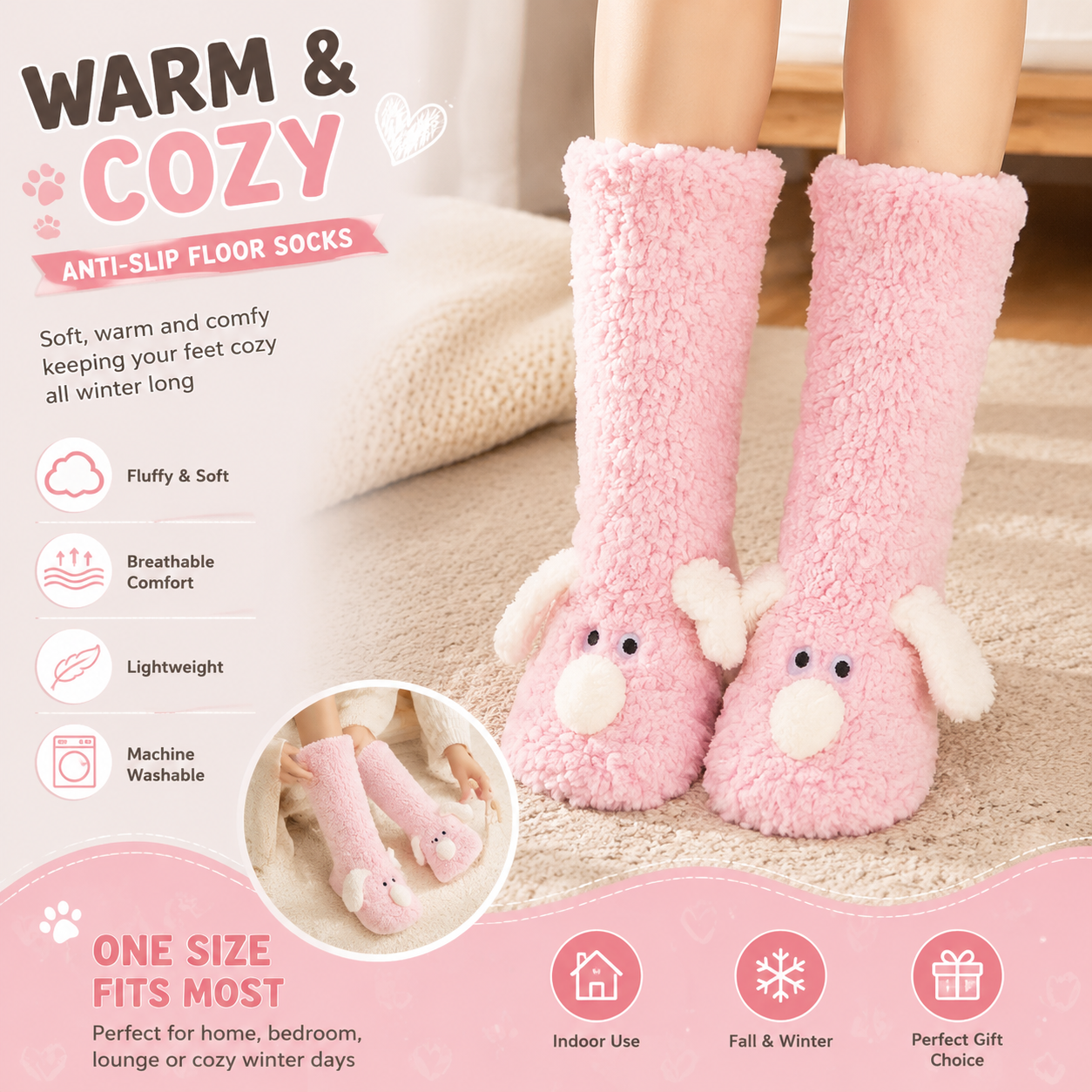 Cute Animal Plush Floor Socks - Pink Puppy Thickened Coral Fleece Non-Slip — image 1