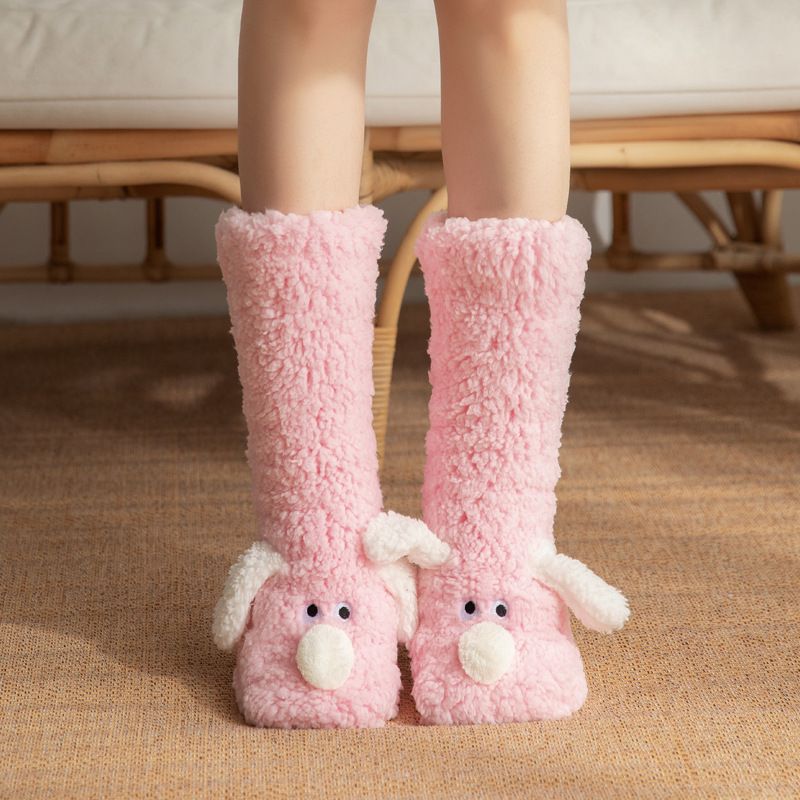 Cute Animal Plush Floor Socks - Pink Puppy Thickened Coral Fleece Non-Slip view 6