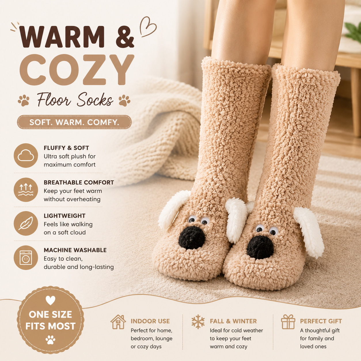Cute Animal Plush Floor Socks - Light coffee Puppy Thickened Coral Fleece — image 1