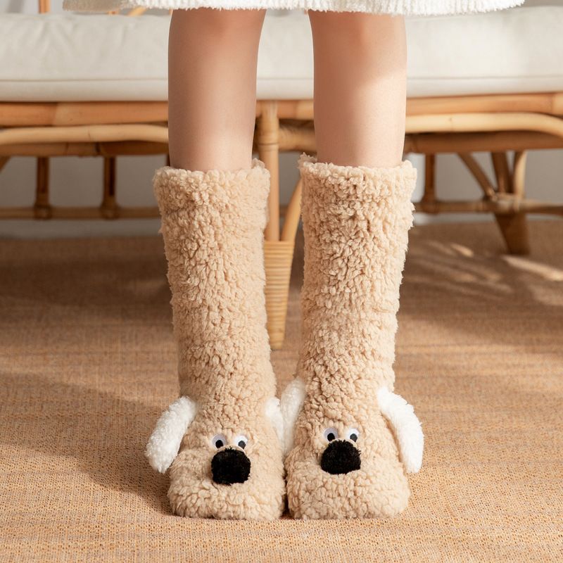 Cute Animal Plush Floor Socks - Light coffee Puppy Thickened Coral Fleece view 5