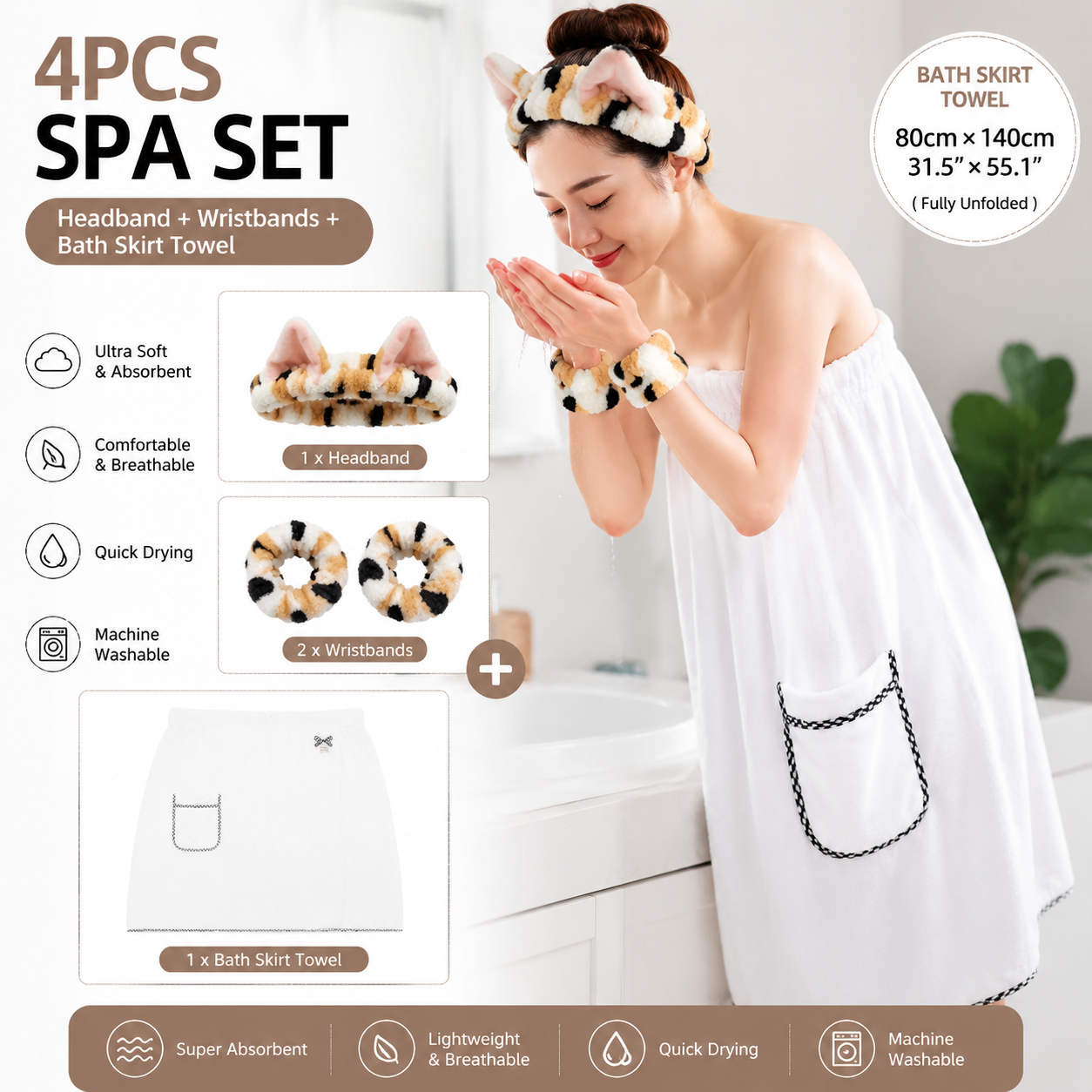 4PCS Spa Set Bath Wrap White bath towel Black and yellow stripes Cat Ear