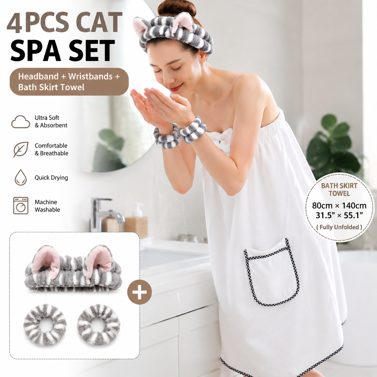 4PCS Spa Set Bath Wrap White bath towel Gray and white stripes Cat Ear