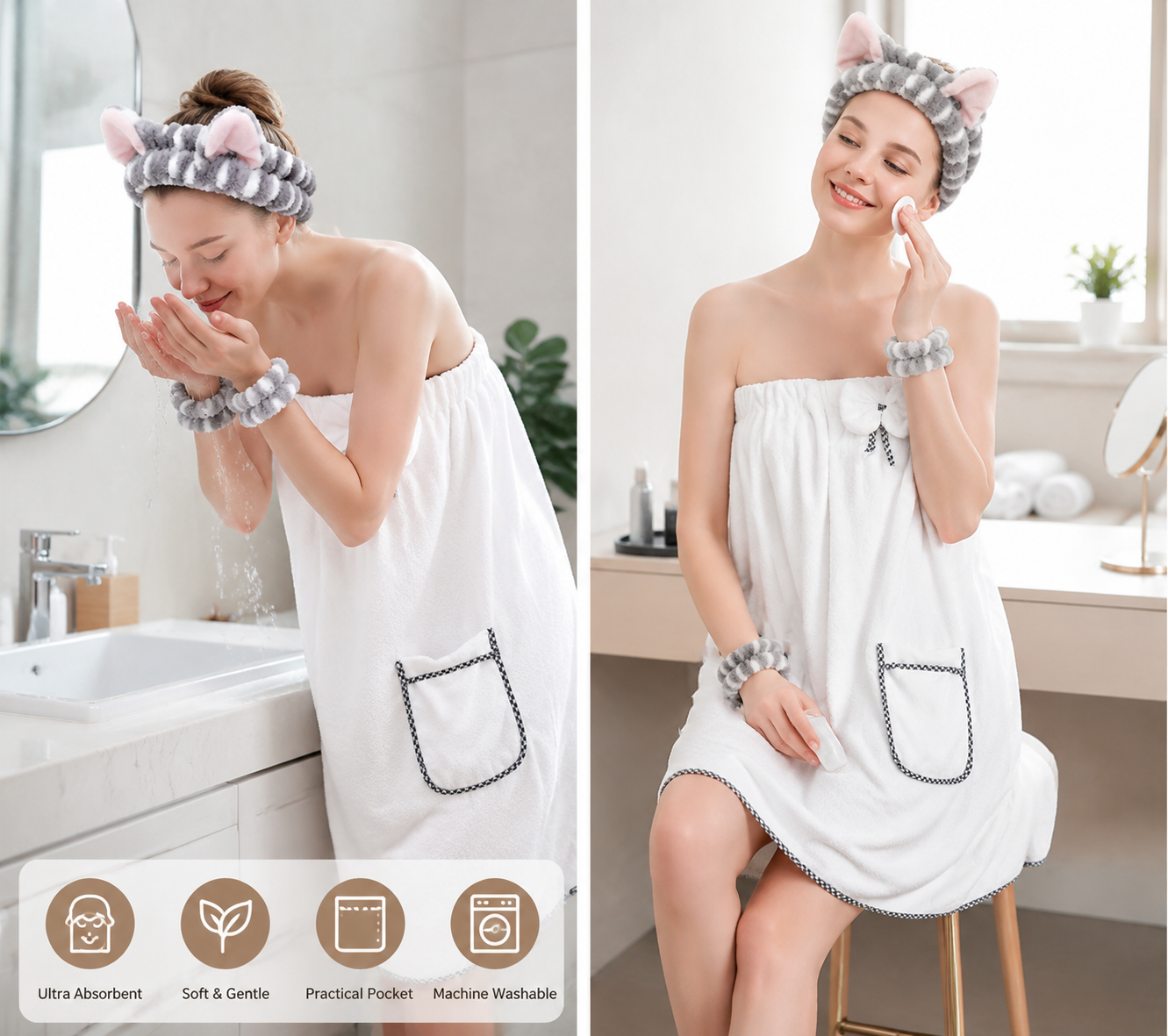 4PCS Spa Set Bath Wrap White bath towel Gray and white stripes Cat Ear view 2