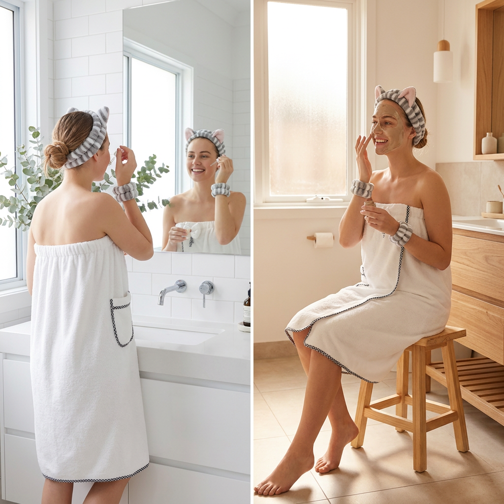 4PCS Spa Set Bath Wrap White bath towel Gray and white stripes Cat Ear view 4
