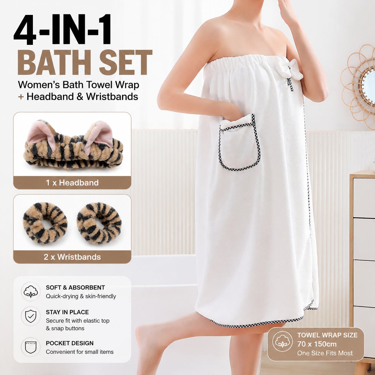 4PCS Spa Set Bath Wrap White bath towel Black and brown stripes Cat Ear