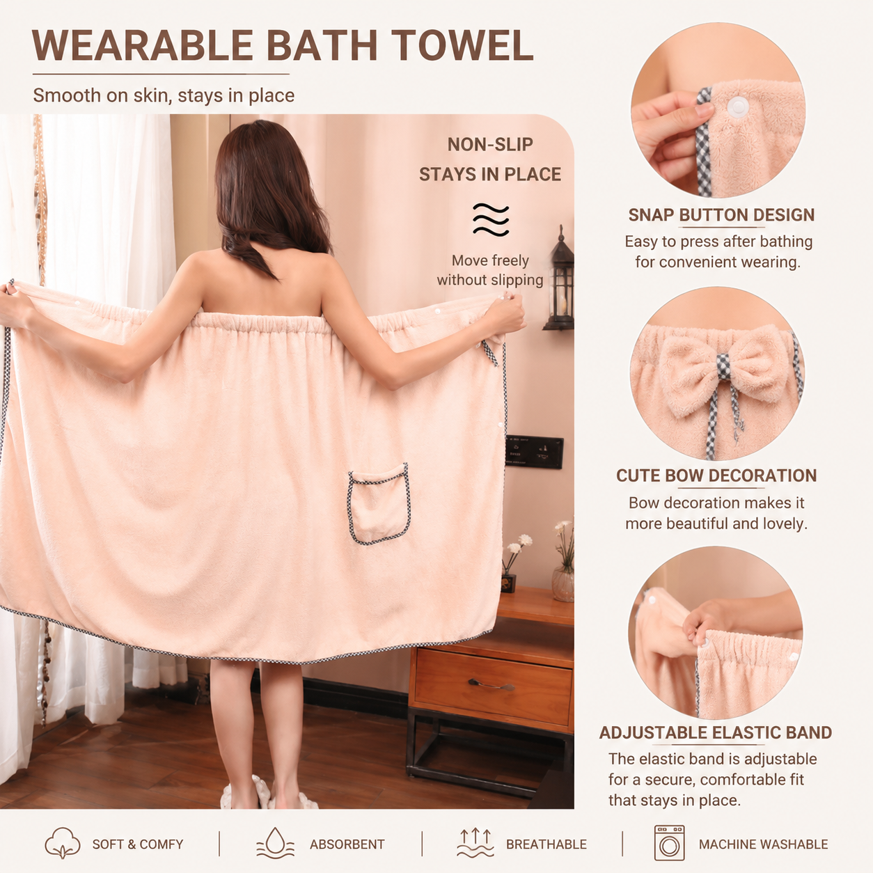 4PCS Spa Set Bath Wrap White bath towel Black and brown stripes Cat Ear view 5