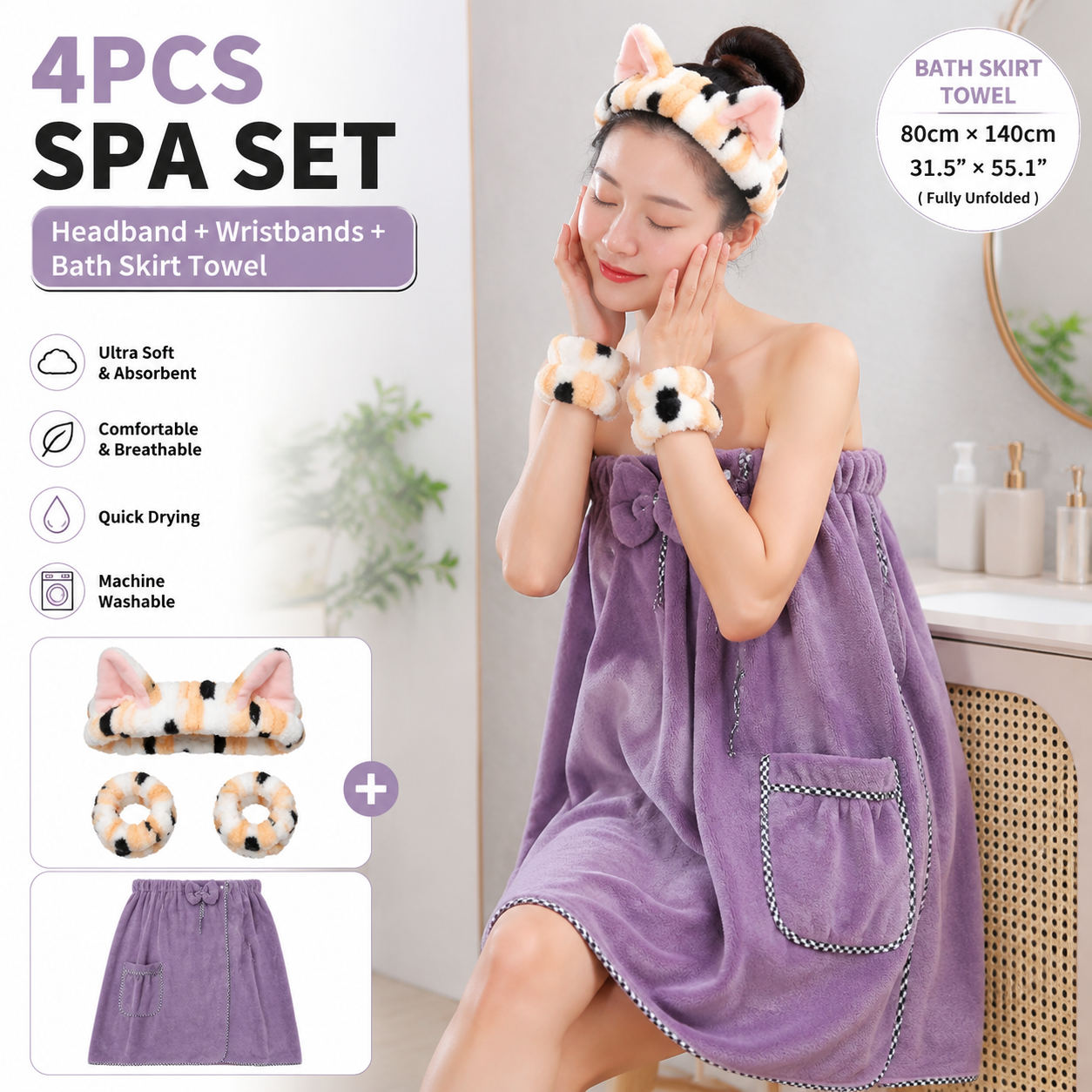 4PCS Spa Set Bath Wrap Purple bath towel Black and yellow stripes Cat Ear