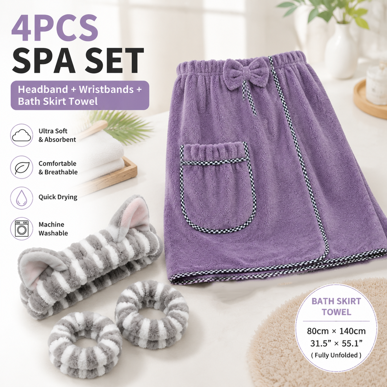 4PCS Spa Set Bath Wrap Purple bath towel Gray and Purple stripes Cat Ear