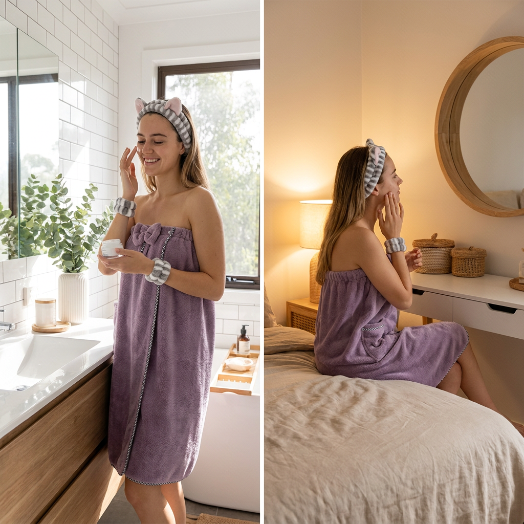 4PCS Spa Set Bath Wrap Purple bath towel Gray and Purple stripes Cat Ear view 3