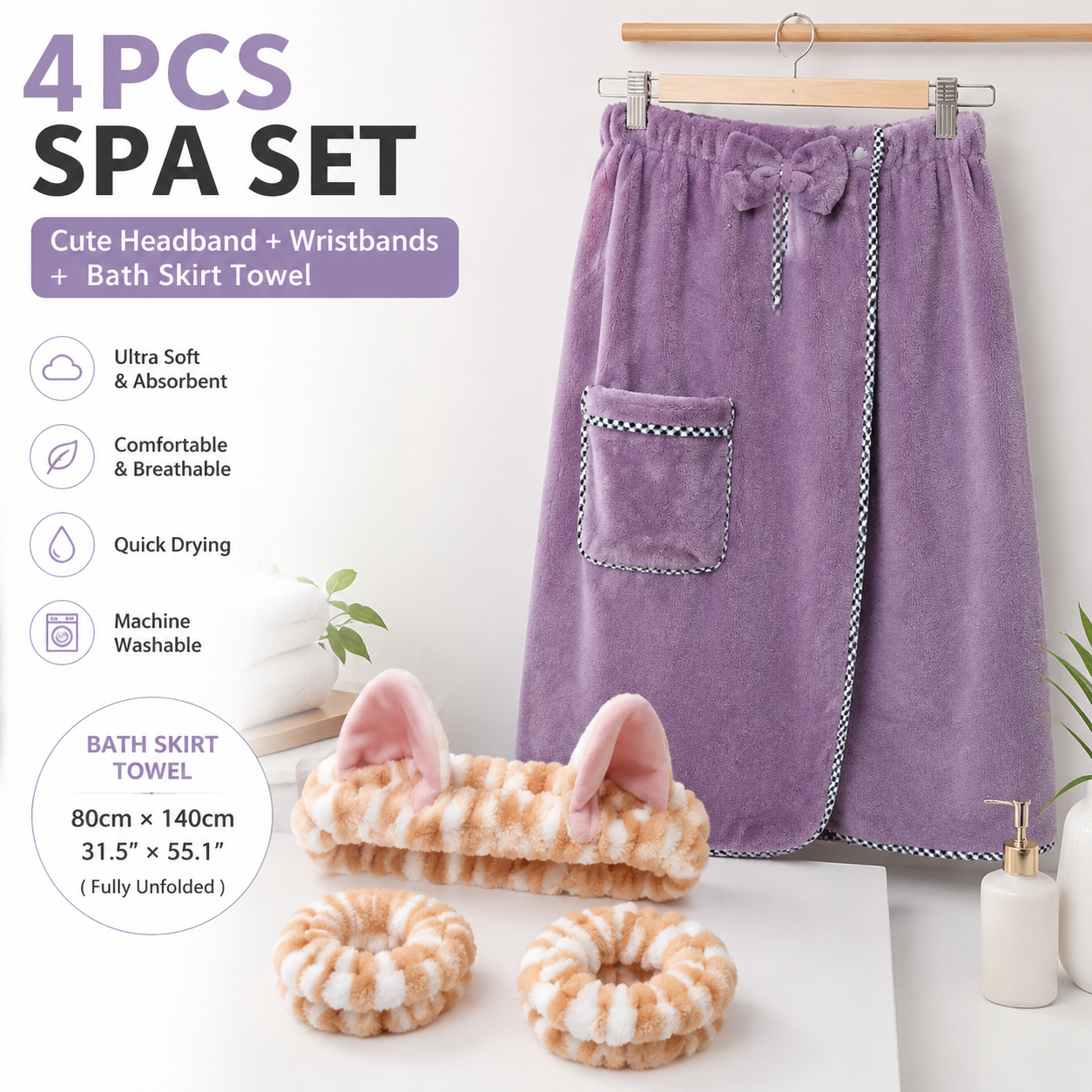 4PCS Spa Set Bath Wrap Purple bath towel Yellow stripes Cat Ear Headband