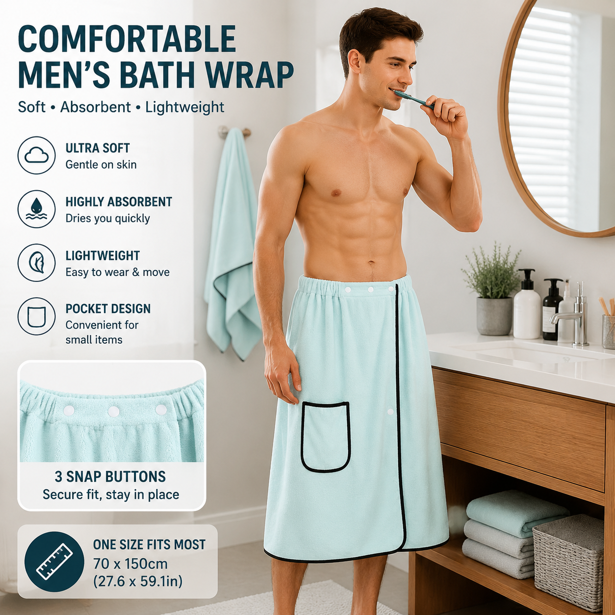 Men's Bath Wrap Microfiber Quick Dry Absorbent Adjustable Snap Closure Light