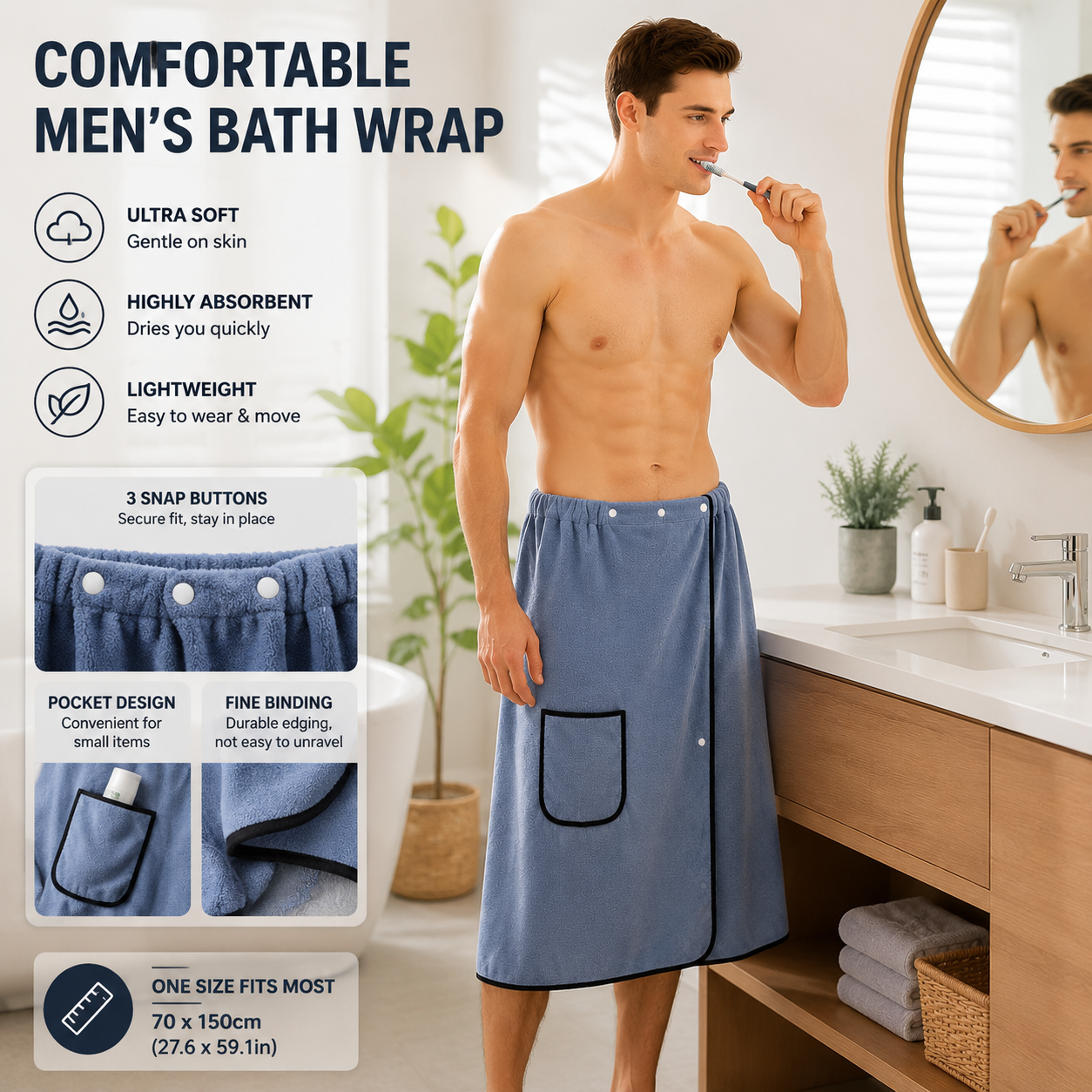 Men's Bath Wrap Microfiber Quick Dry Absorbent Adjustable Snap Closure Navy