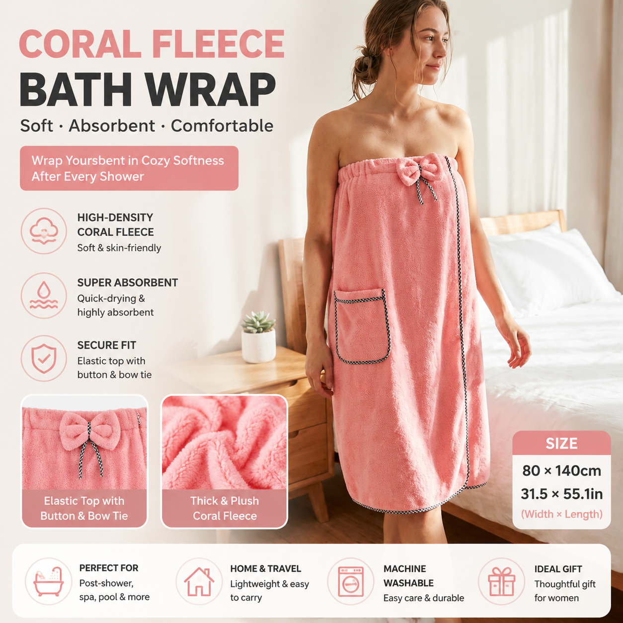Pink Women's Coral Fleece Wearable Bath Towel Wrap - 80x140cm With Elastic Band