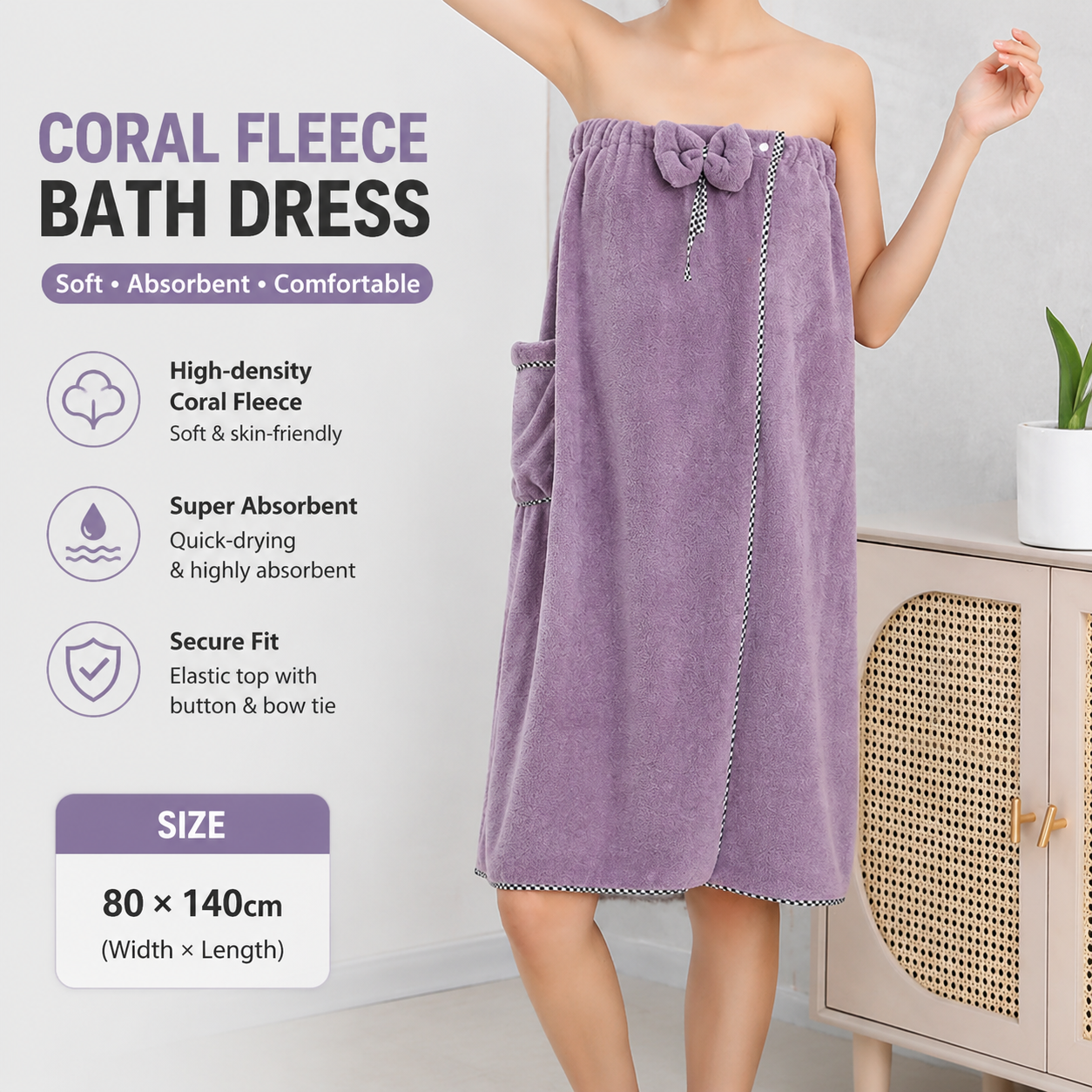 Purple Women's Coral Fleece Wearable Bath Towel Wrap - 80x140cm With Elastic Band