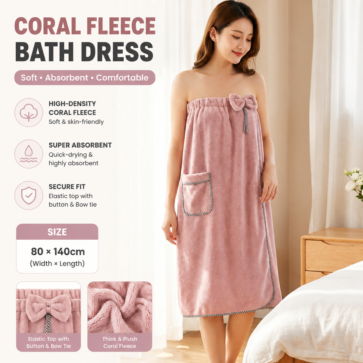 Peach Women's Coral Fleece Wearable Bath Towel Wrap - 80x140cm With Elastic Band