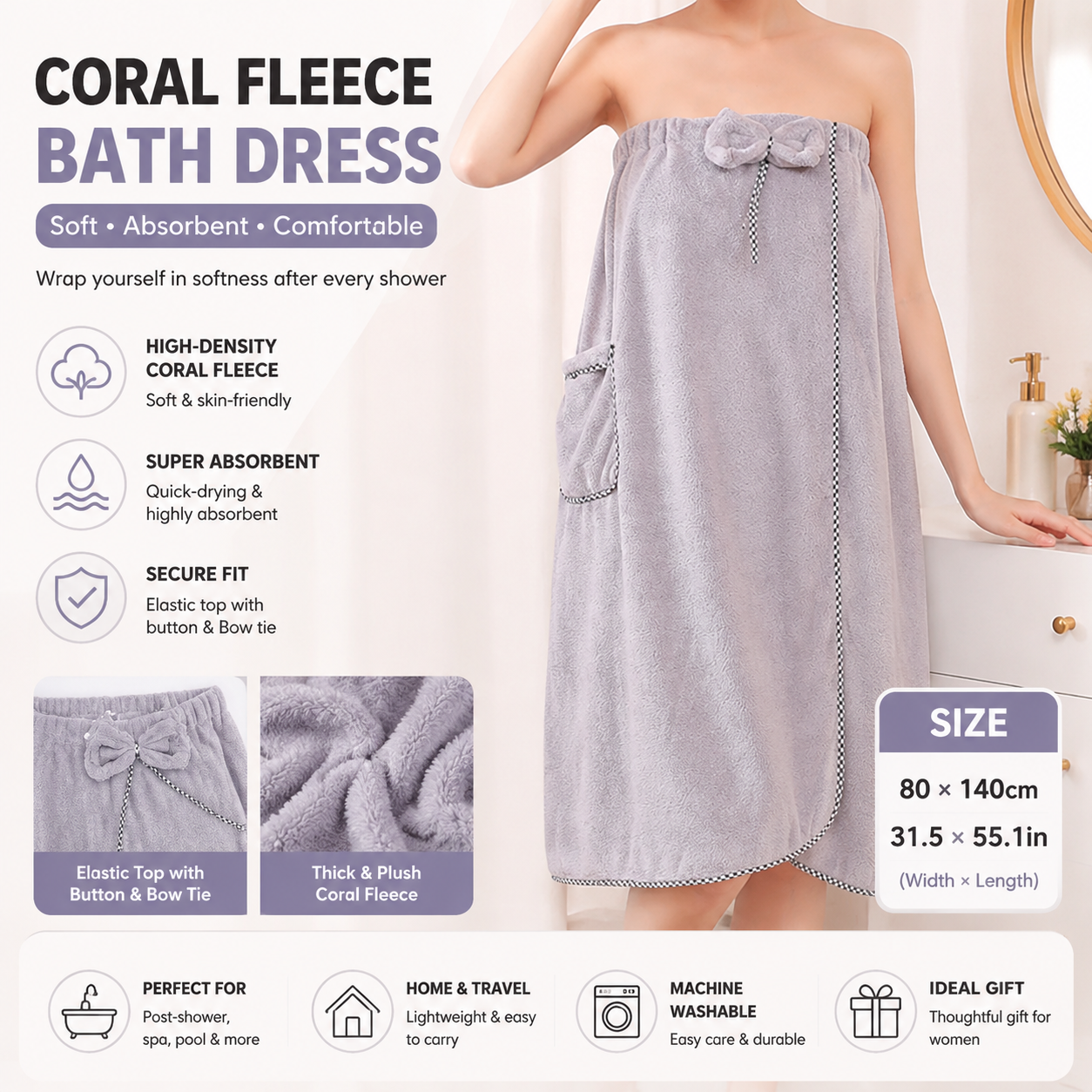 Grey Women's Coral Fleece Wearable Bath Towel Wrap - 80x140cm With Elastic Band