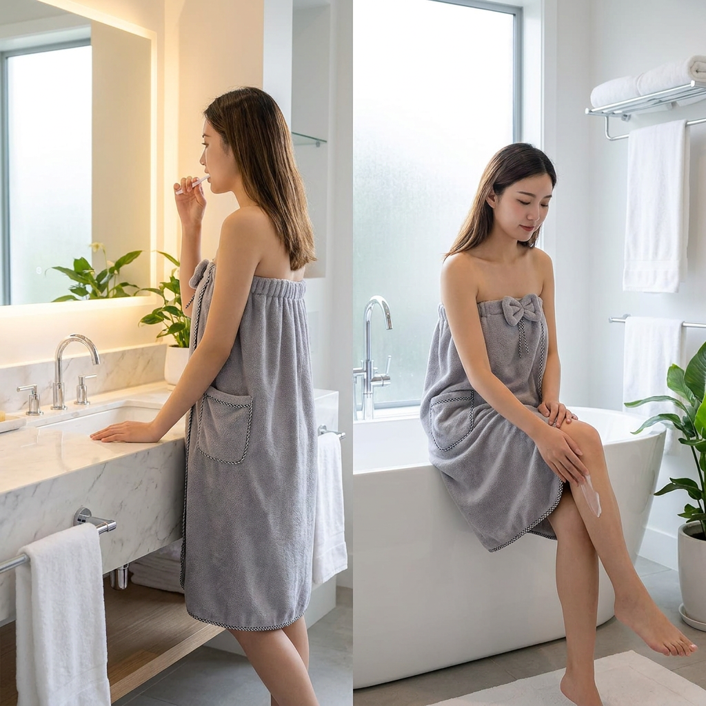 Grey Women's Coral Fleece Wearable Bath Towel Wrap - 80x140cm With Elastic Band view 2