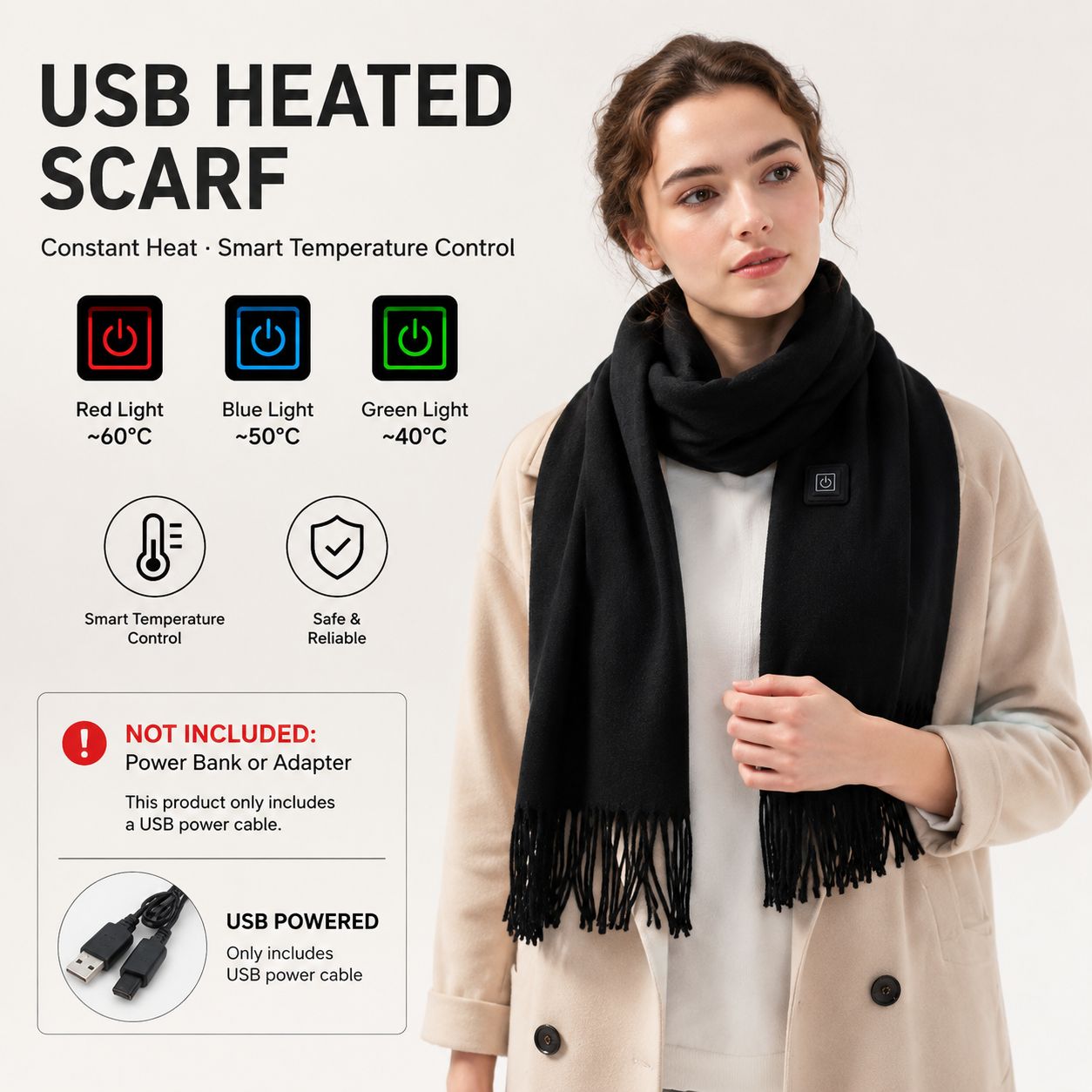 Black USB Heated Scarf Electric Heating Winter Scarf Smart Temperature Control