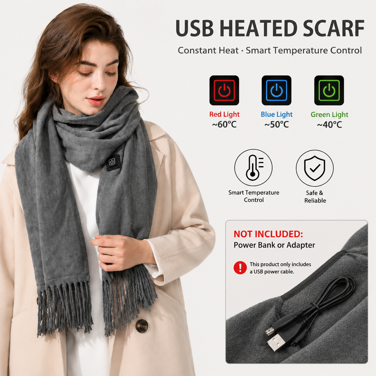 Gray USB Heated Scarf Electric Heating Winter Scarf Smart Temperature Control