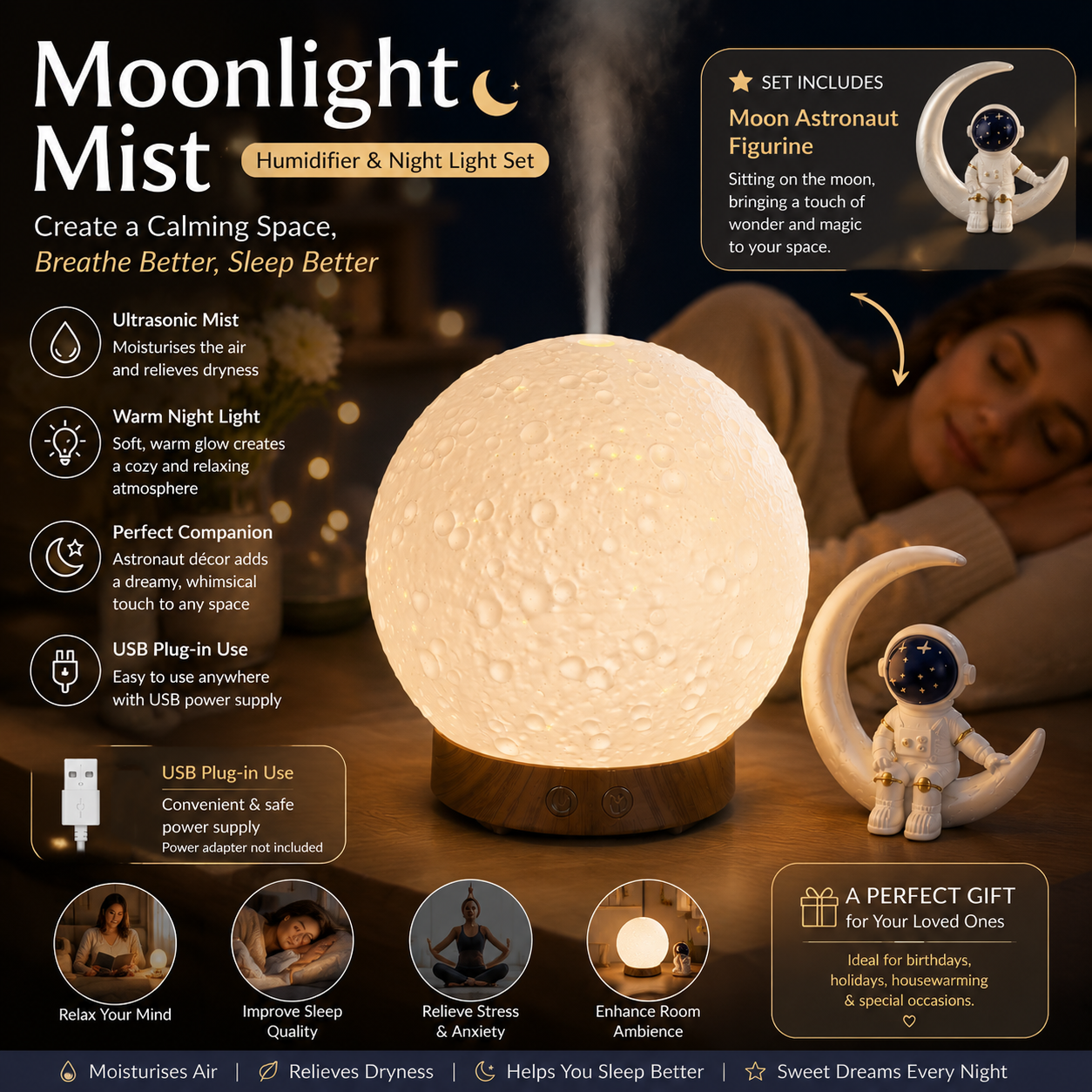 Moonlight Dreams Moon Lamp Humidifier Night Light USB Aroma Diffuser with