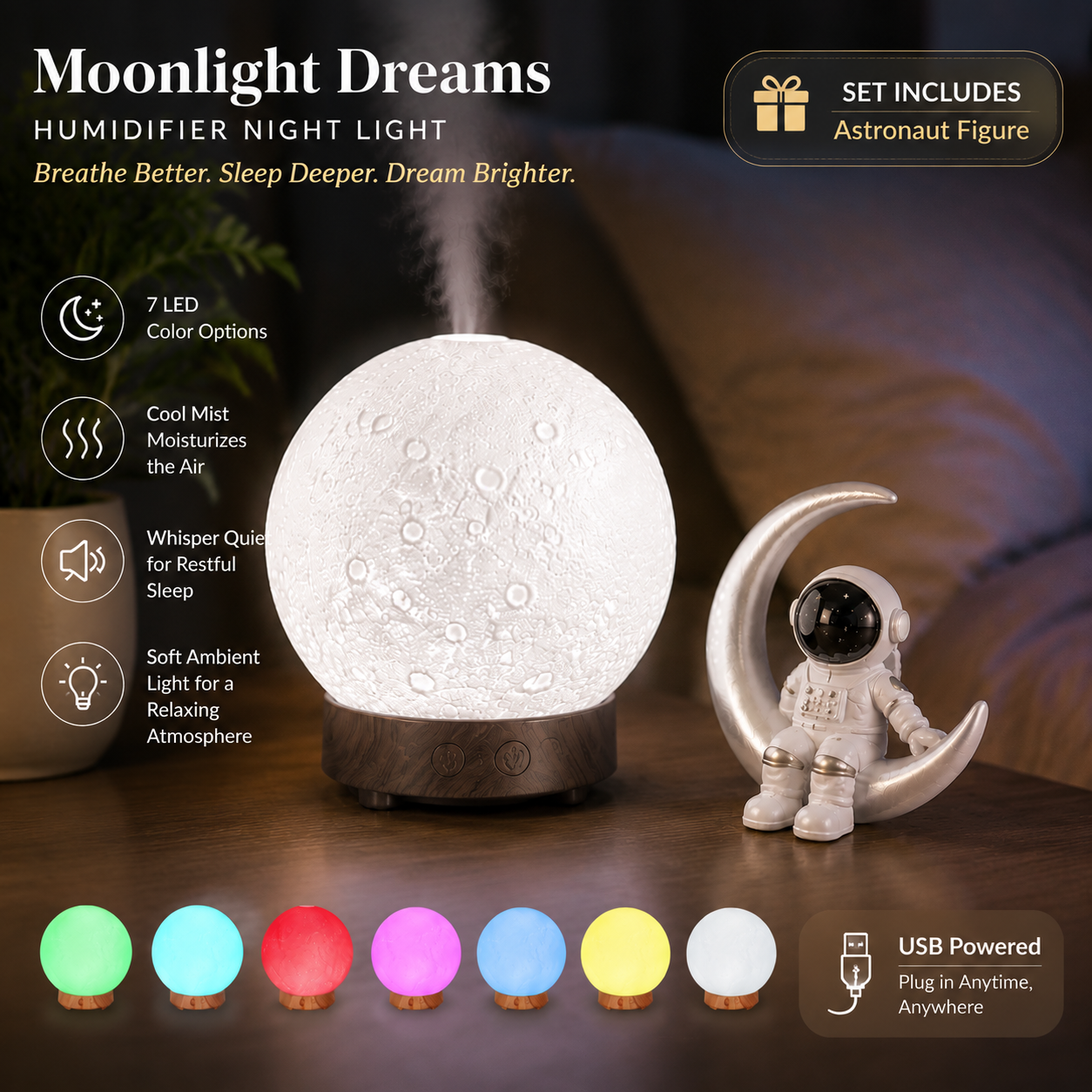 Moonlight Dreams Moon Lamp Humidifier Night Light USB Aroma Diffuser with