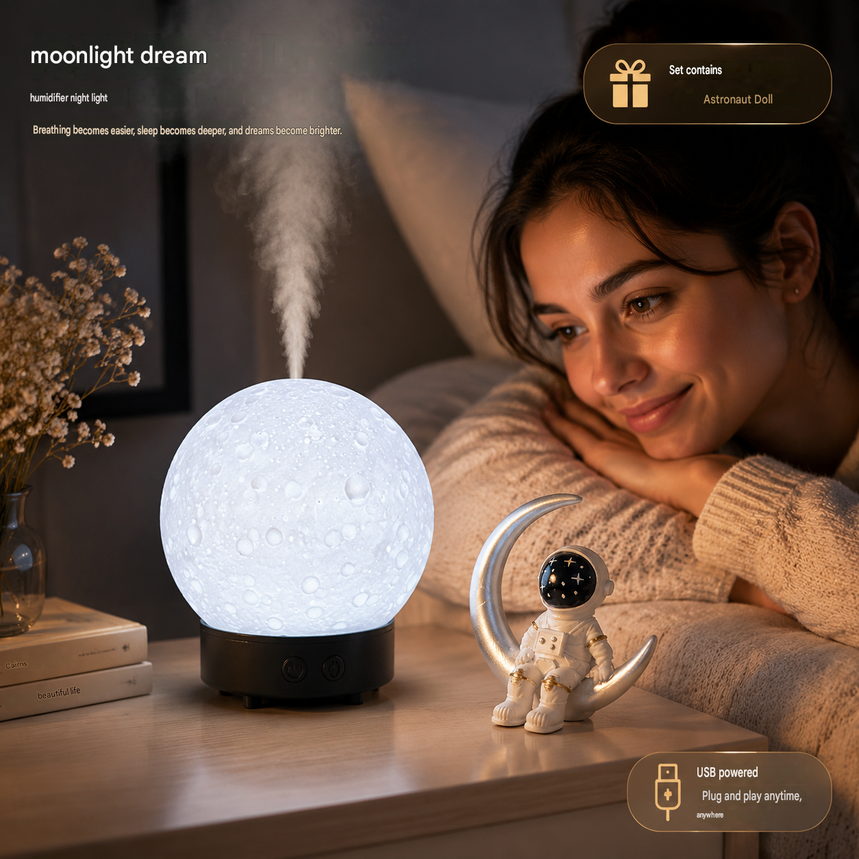 Moonlight Dreams Moon Lamp Humidifier Night Light USB Aroma Diffuser with