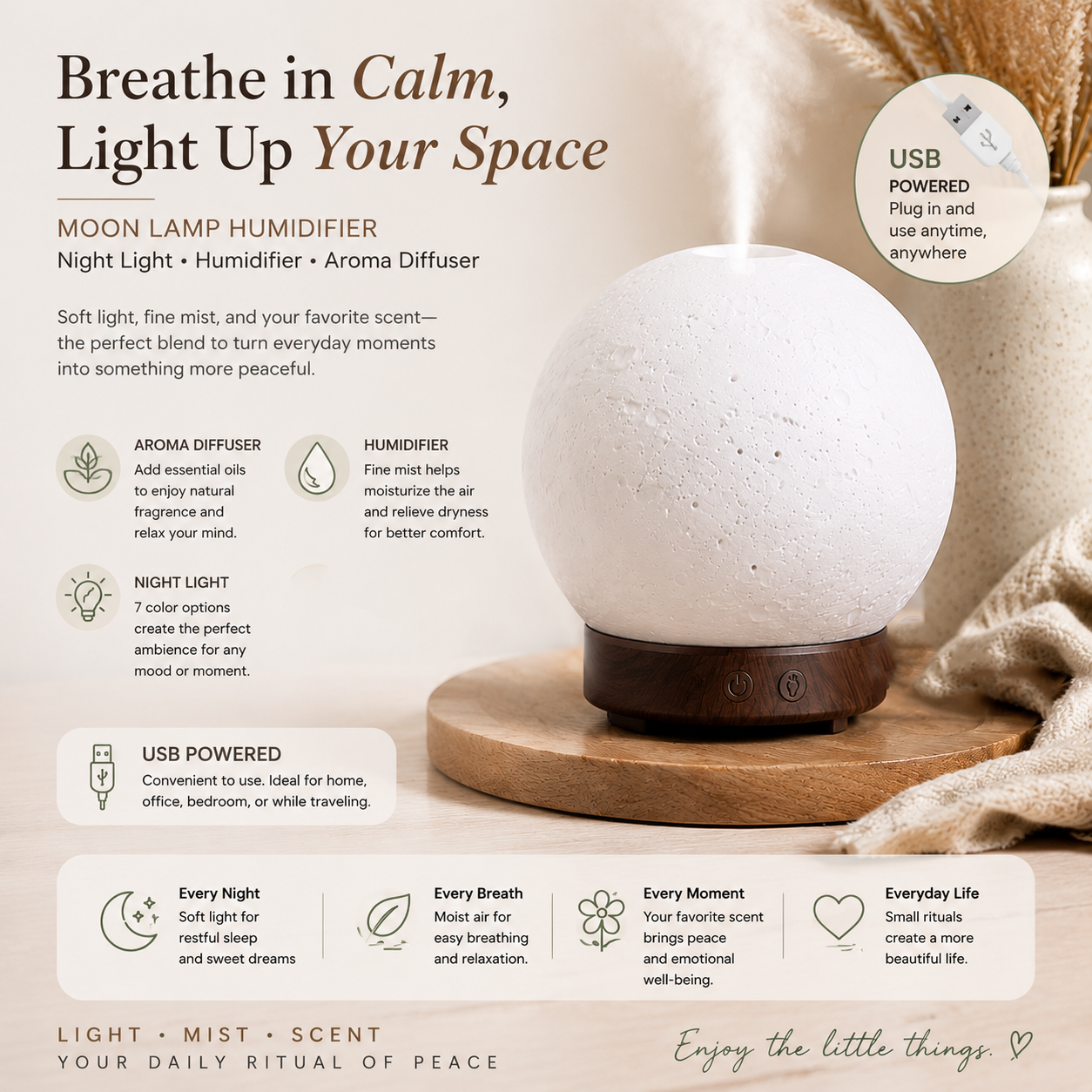 Moon Light Humidifier Aroma Diffuser (Dark wood grain base) with LED Night Light
