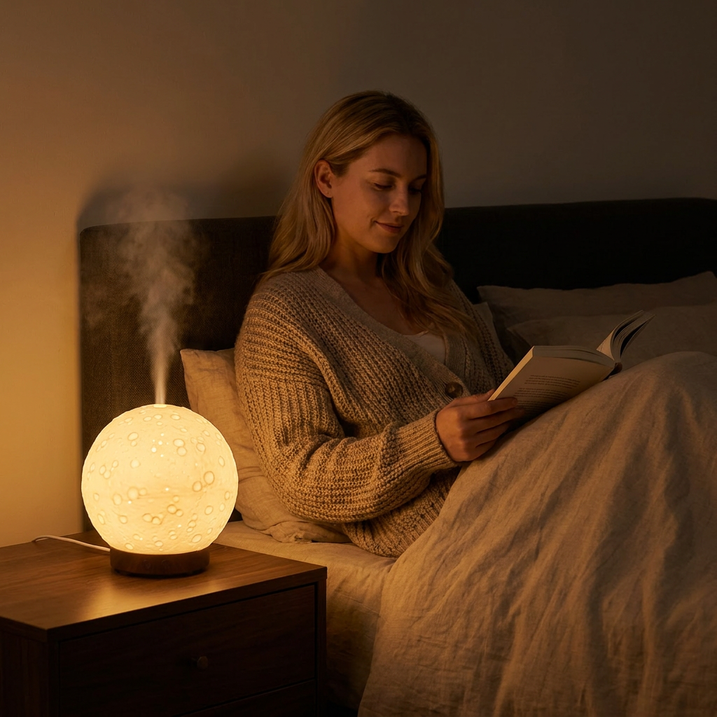 Moon Light Humidifier Aroma Diffuser (Dark wood grain base) with LED Night Light view 2