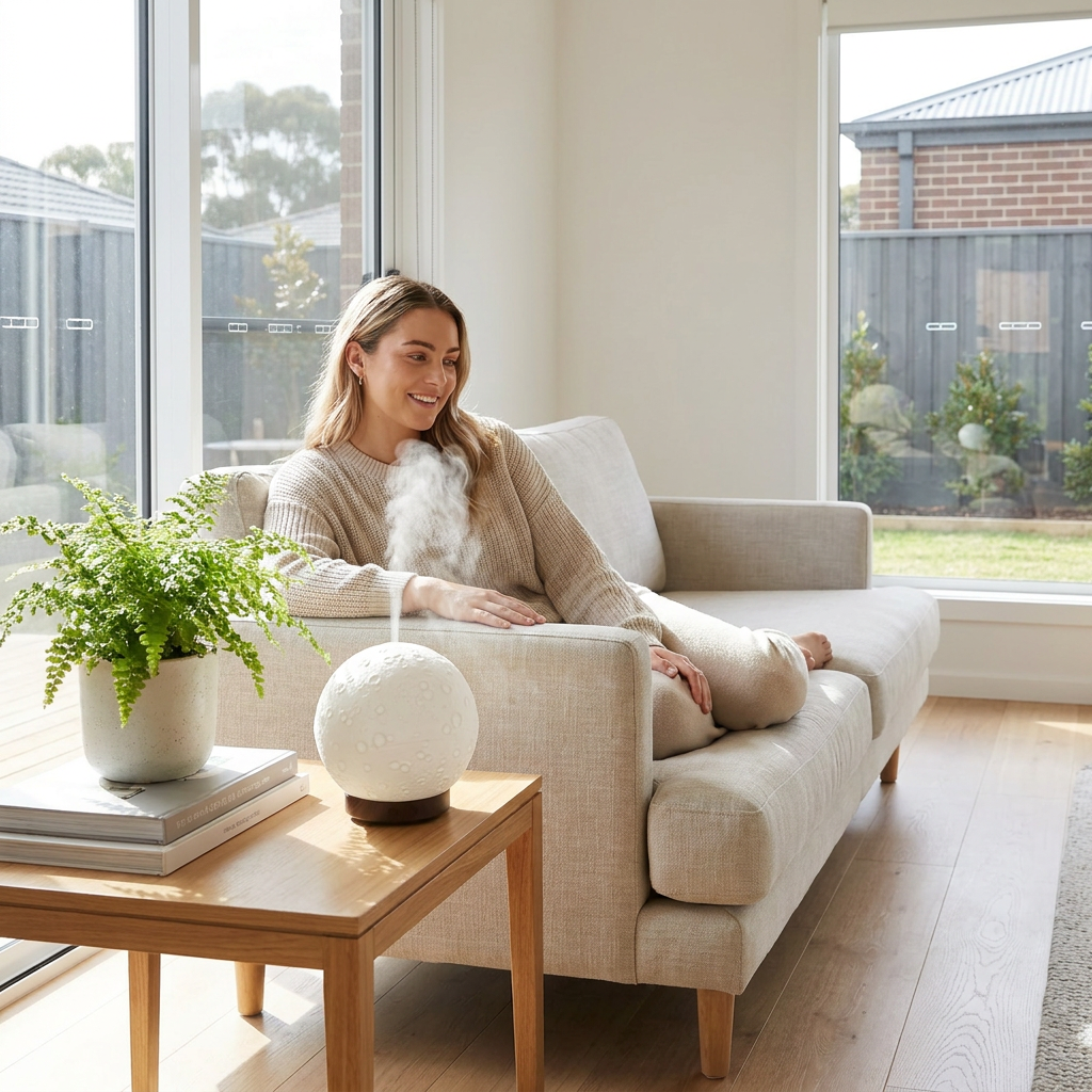 Moon Light Humidifier Aroma Diffuser (Dark wood grain base) with LED Night Light view 3