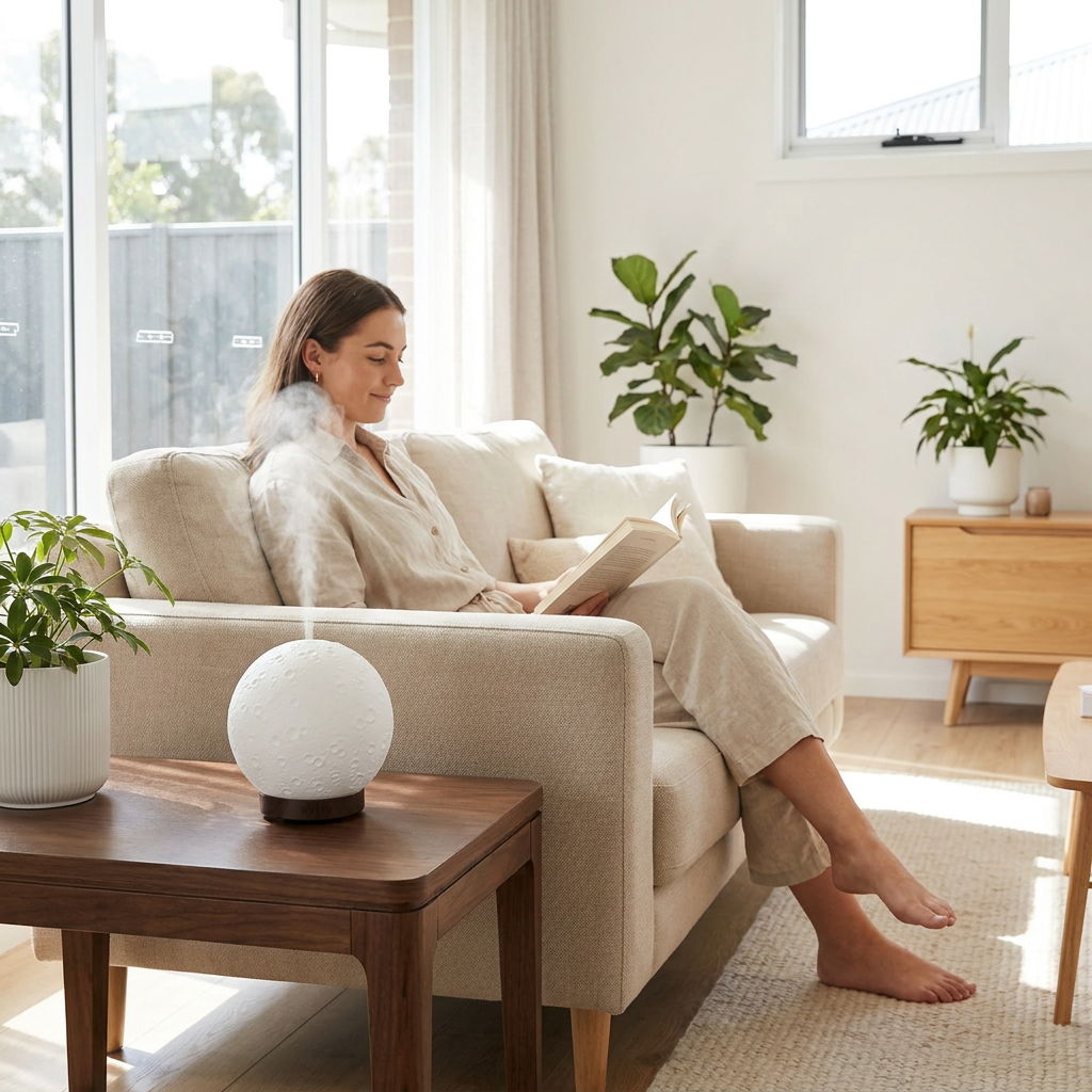 Moon Light Humidifier Aroma Diffuser (Dark wood grain base) with LED Night Light view 4