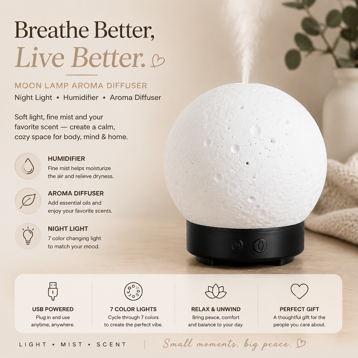 Moon Light Humidifier Aroma Diffuser (Black base) with LED Night Light