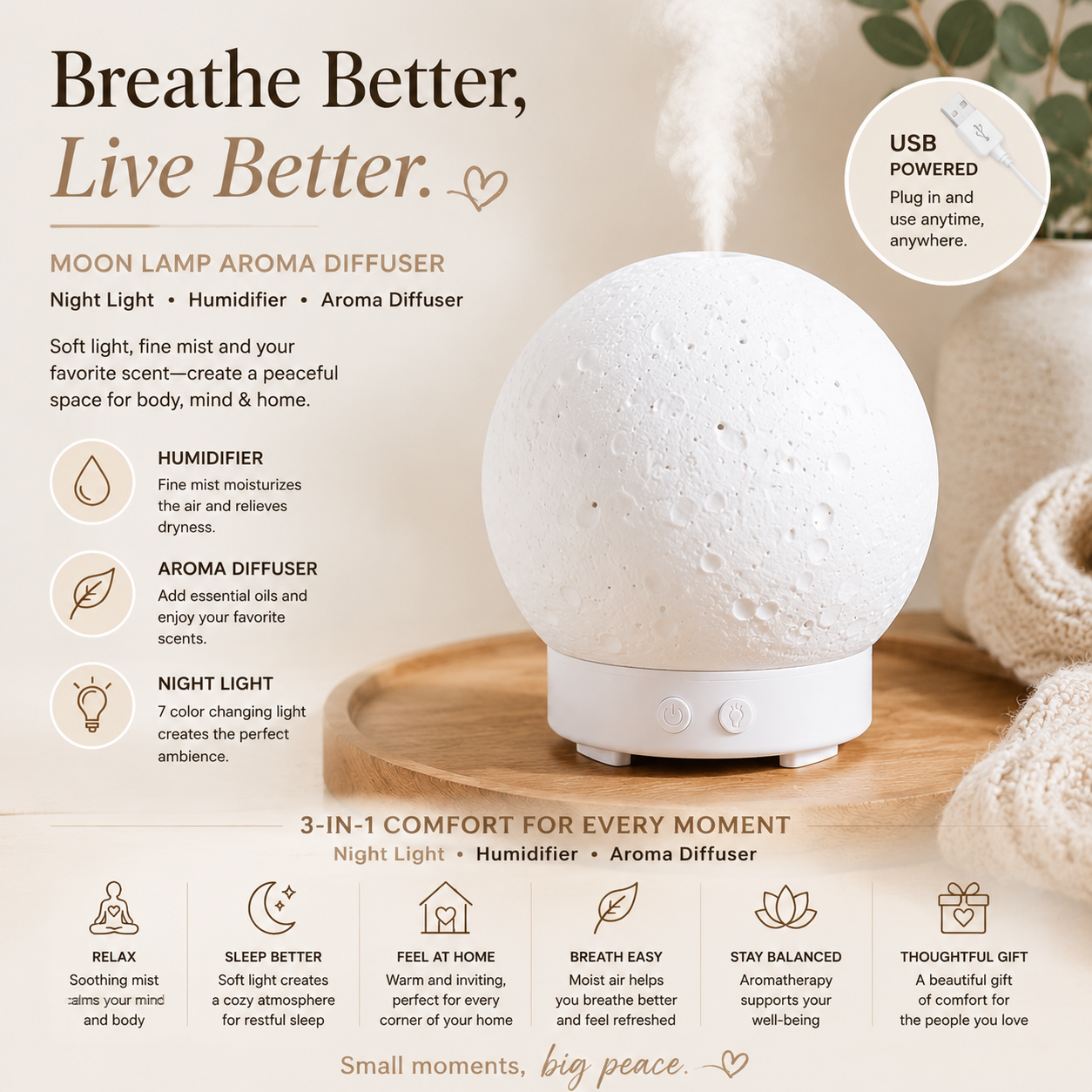 Moon Light Humidifier Aroma Diffuser (White base version) with LED Night Light