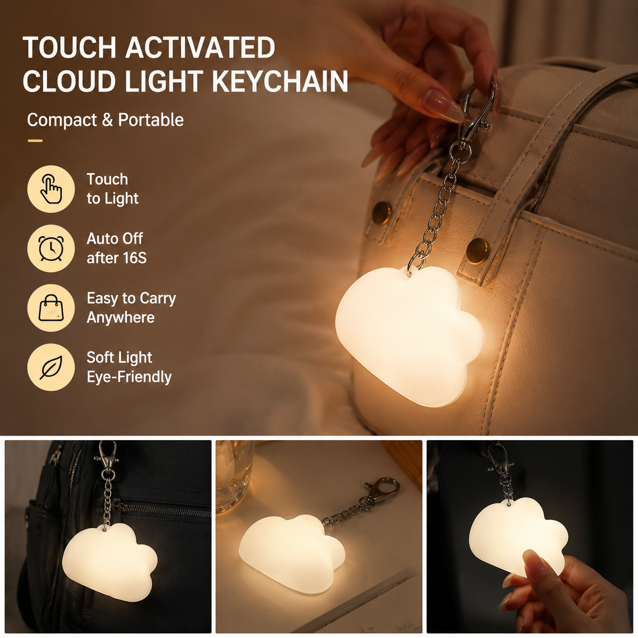 Touch Activated Cloud Keychain Light - Cute Portable LED Night Light — image 1