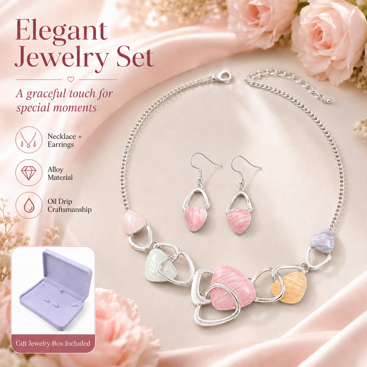 Pink Elegant Oil Drip Necklace and Earrings Set for Women view 2
