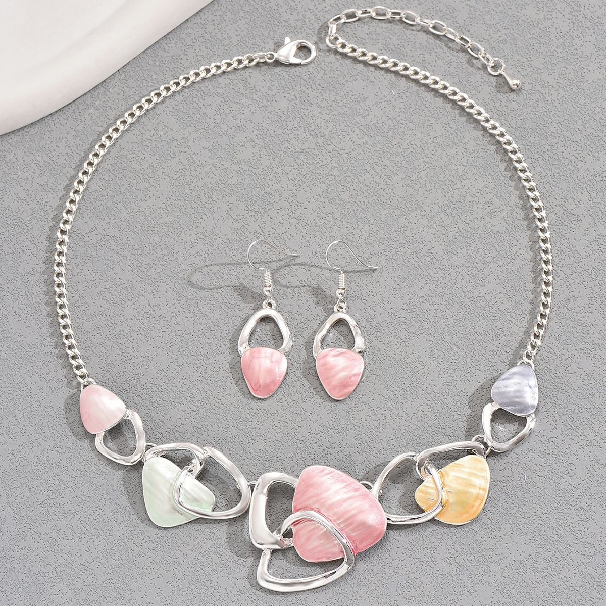 Pink Elegant Oil Drip Necklace and Earrings Set for Women view 6